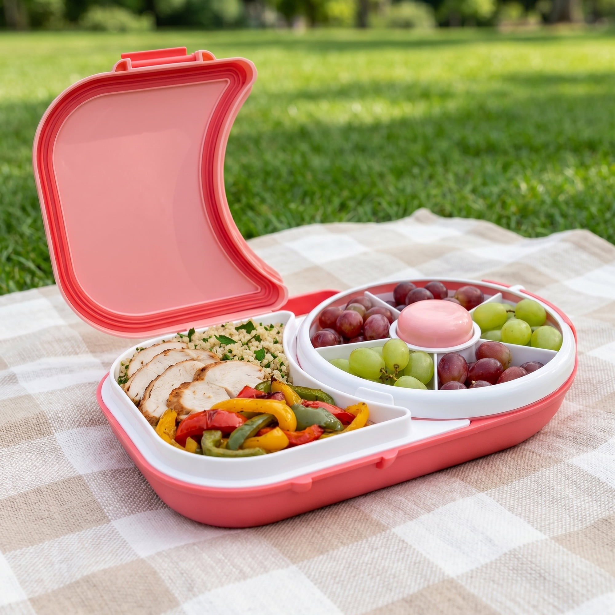 Unique Bargains Rotatable Divider Carry Strap Lunch Bento Box for Work Pink