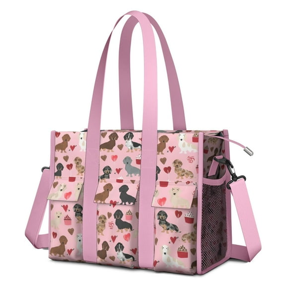 Teacher Tote Bag,Pink Cute Dachshund Dog and Love Heart Teacher Utility Tote Bag,Large Work Tote Bags for Women with Multiple Pockets,Top Zipper Closure,13.8x10.6x6.7 Inch