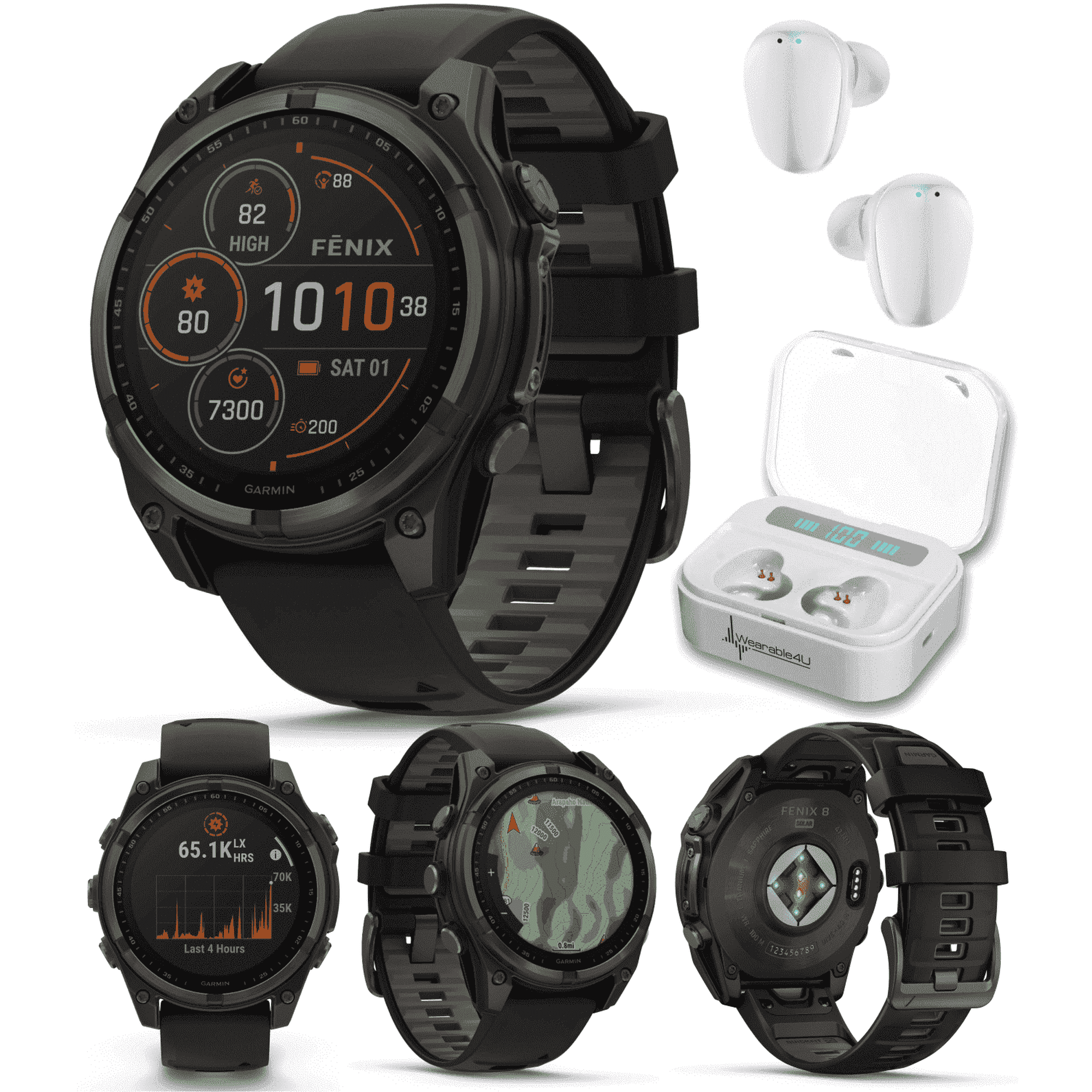 Garmin Fenix 8 47 mm Multisport GPS Smartwatch, Solar, Sapphire, Carbon Gray DLC Titanium with Black/Pebble Gray Silicone, Built-in LED Flashlight with Wearable4U White EarBuds Bundle