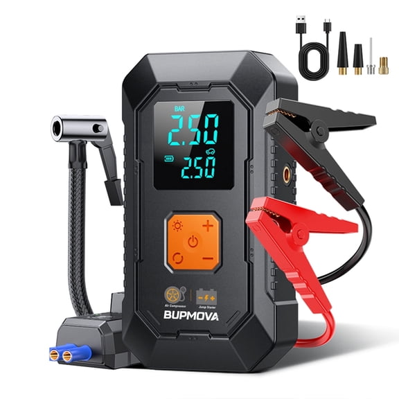 BUPMOVA Car Jump Starter & Air Compressor(150PSI), 5000A Peak Portable Jump Starter Battery Pack for All Gas/10L Diesel Engine, 12V Starter Jump Box, LCD Display, Power Bank, 3-Mode LED Light