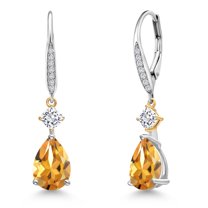Gem Stone King 925 Silver and 10K Yellow Gold Yellow Citrine and White Moissanite and White Lab Grown Diamond Earrings for Women | 3.87 Cttw | GemstoneNovember Birthstone | Pear Shape 10X7MM