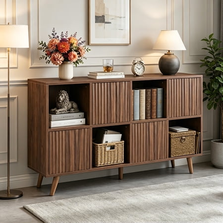 AUU Walnut 8-Cube Storage Bookcase with 4 Doors – Freestanding Cabinet Organizer Shelving Unit for Books, Decor, and Media, Versatile Display Shelf for Living Room, Bedroom, Office, or Entryway