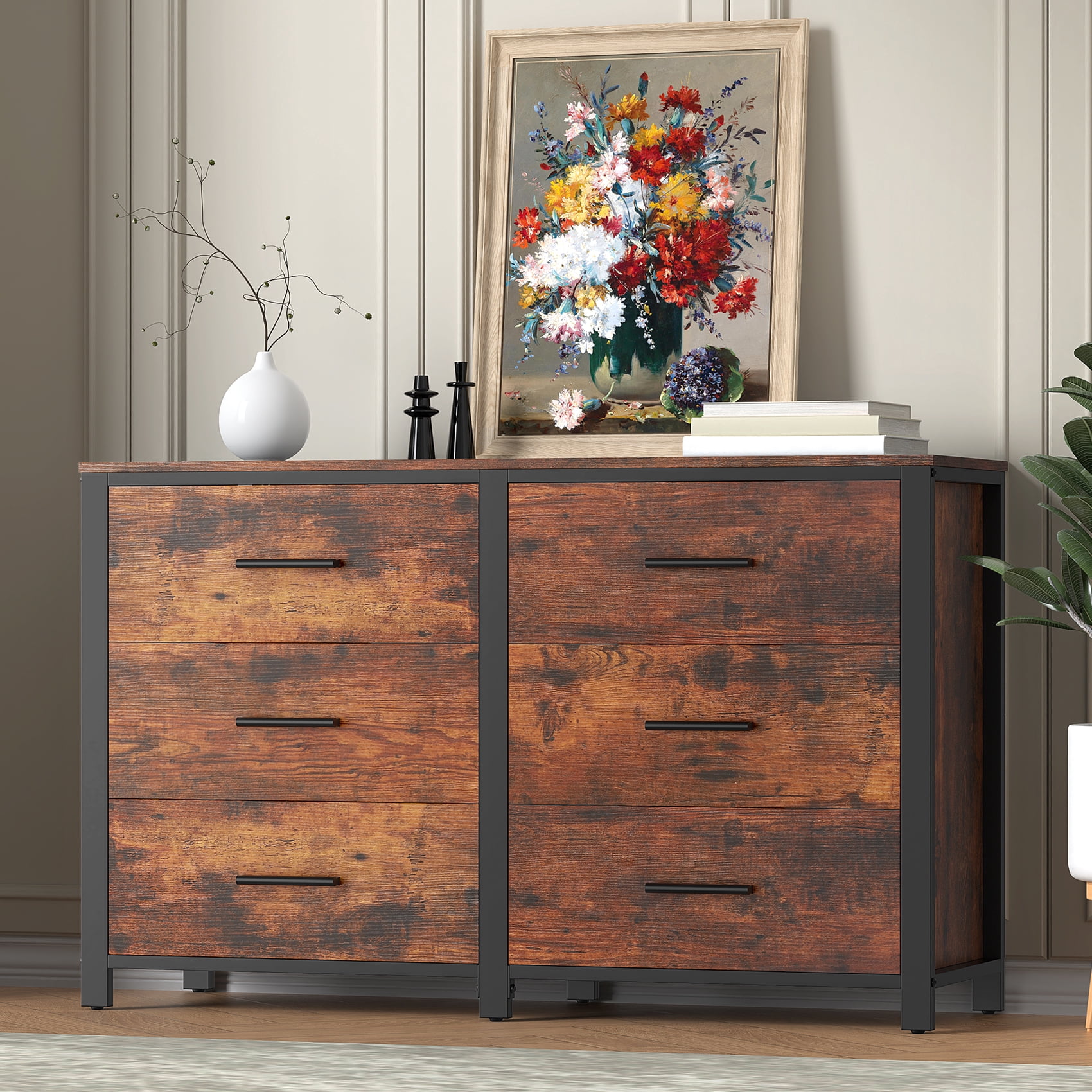 Winkalon Double Dresser with 6 Drawers,Large Chest of Drawers Storage Cabinet for Bedroom Living Room,Brown