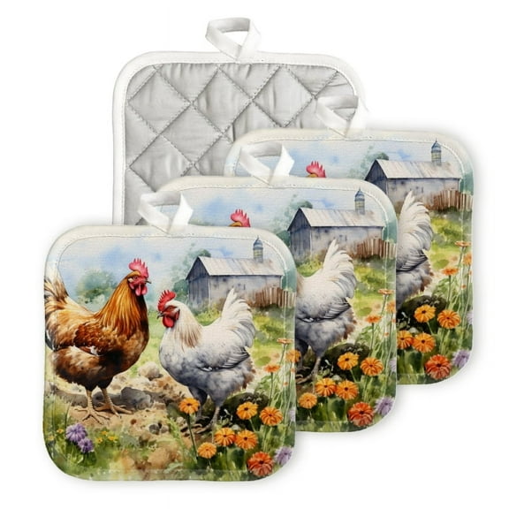Bahomeck Pot Holder 4Pcs,Rooster And White Hen In The Farmyard Square Heat Resistant Hot Pads For Kitchen Cooking Oven With Hanging Loop Potholder Easy To Store