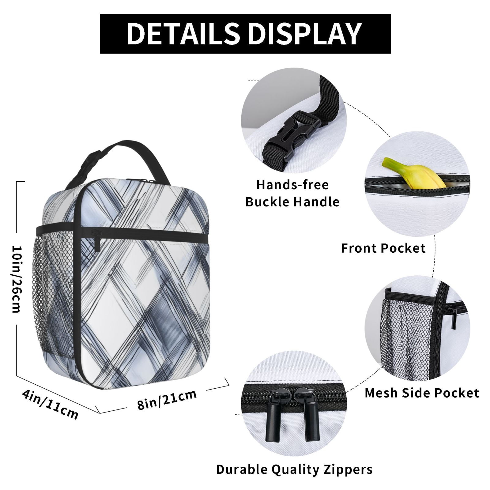 Lunch Bag For Women Men Insulated Portable Lunch Box Bento Box Office Picnic Travel Cooler Bag Silver Checked Hand-Drawn Sketch_1