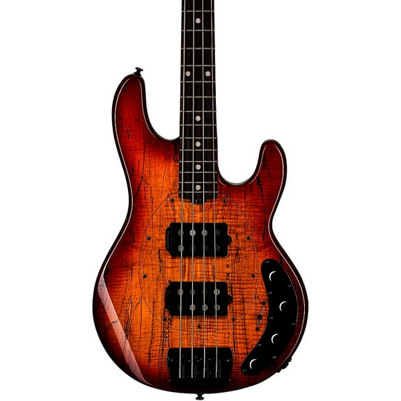 Sterling by Music Man StingRay RAY34 HH Spalted Maple Top Bass Guitar - Blood Orange Burst