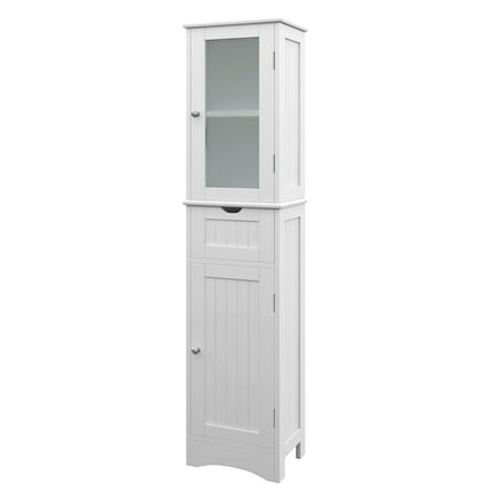 Costway Bathroom Tall Cabinet Freestanding Linen Tower with Doors & Drawer White