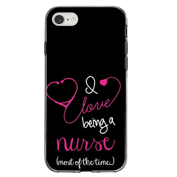 DistinctInk Clear Shockproof Hybrid Case for iPhone 7 8 SE (2020 Model) 4.7" Screen TPU Bumper Acrylic Back Tempered Glass Screen Protector - I Love Being A Nurse Most of the Time - Support for Nurses