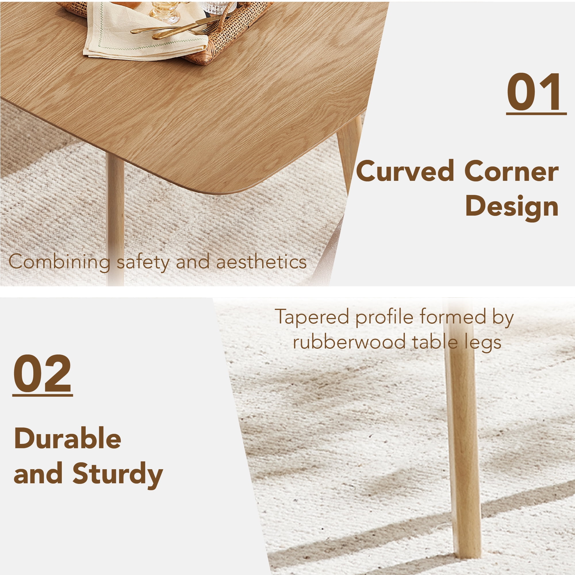 Spruce & Spring Modern Extendable Dining Table Set with Solid Rubberwood Tapered Legs, Scratch-Resistant Walnut/Oak Veneer Space-Saving Kitchen Table with Child-Safe Rounded Corners,Oak
