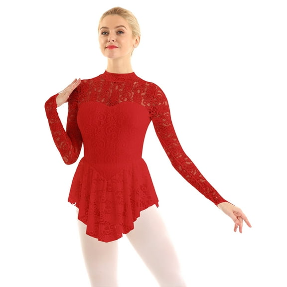 Aislor Women's Girls Ballet Dance Dress Lace Long Sleeve Figure Ice Skating Dress Leotard Dancewear