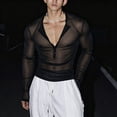 thumbnail image 7 of Fwqbns Men's Long Sleeve Solid Color Button Down Shirt Semi-sheer Round Neck Fashion Top for Casual Parties Nightclubs Black, 7 of 7