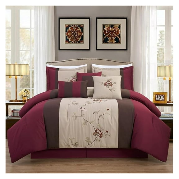 Vienna 7-Piece Embroidered Floral Comforter Set (Queen, Burgundy Taupe Brown)