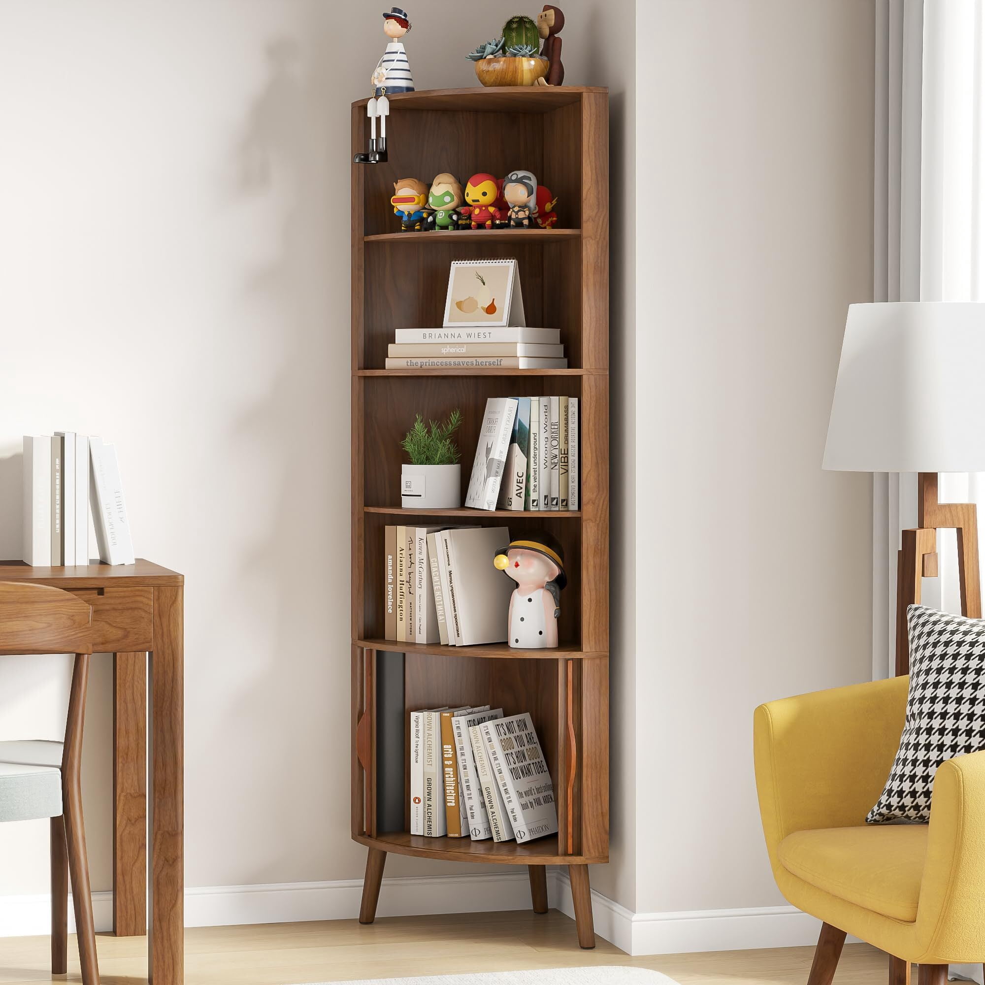 Modern Corner Cabinet, 66.7" Tall Bathroom Storage Cabinet with 2 Fluted Doors & Shelves for Kitchen, Living Room, Walnut