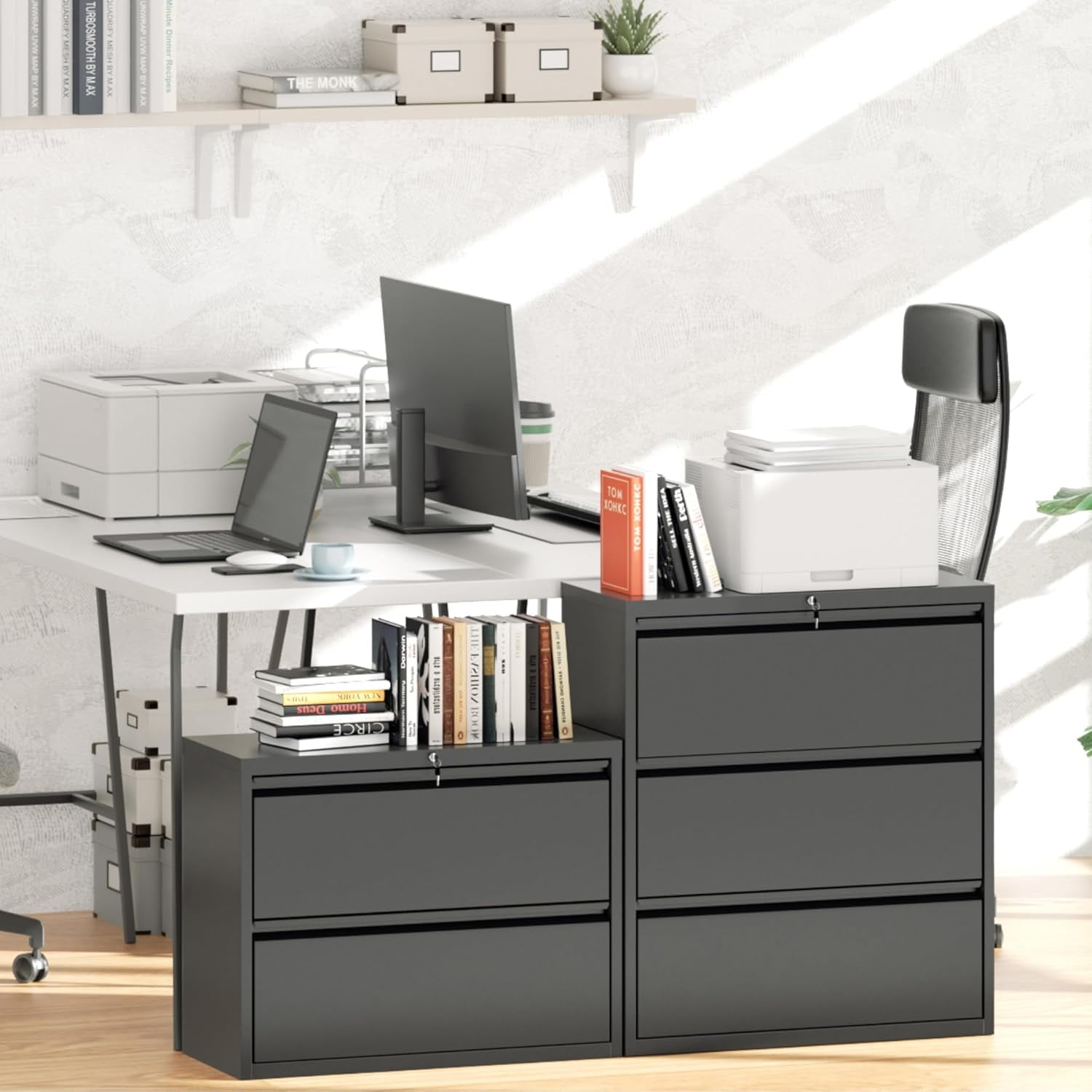 SOLAURA Lateral File Cabinet 2 Drawer, Black Metal File Cabinets for Home Office, Locking File Cabinet for Letter/Legal/F4/A4 Size, Need Assembly