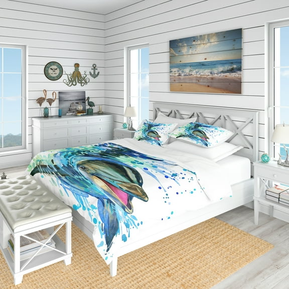 Designart 'Large Blue Dolphin Watercolor' Nautical & Coastal Duvet Cover Set