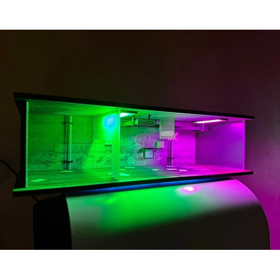Diorama 1/64 Garage Model with LED Lighting, City Punk Style Parking Lot Scene Display Case, Diecast Car Garage Showroom Scene Model Toy