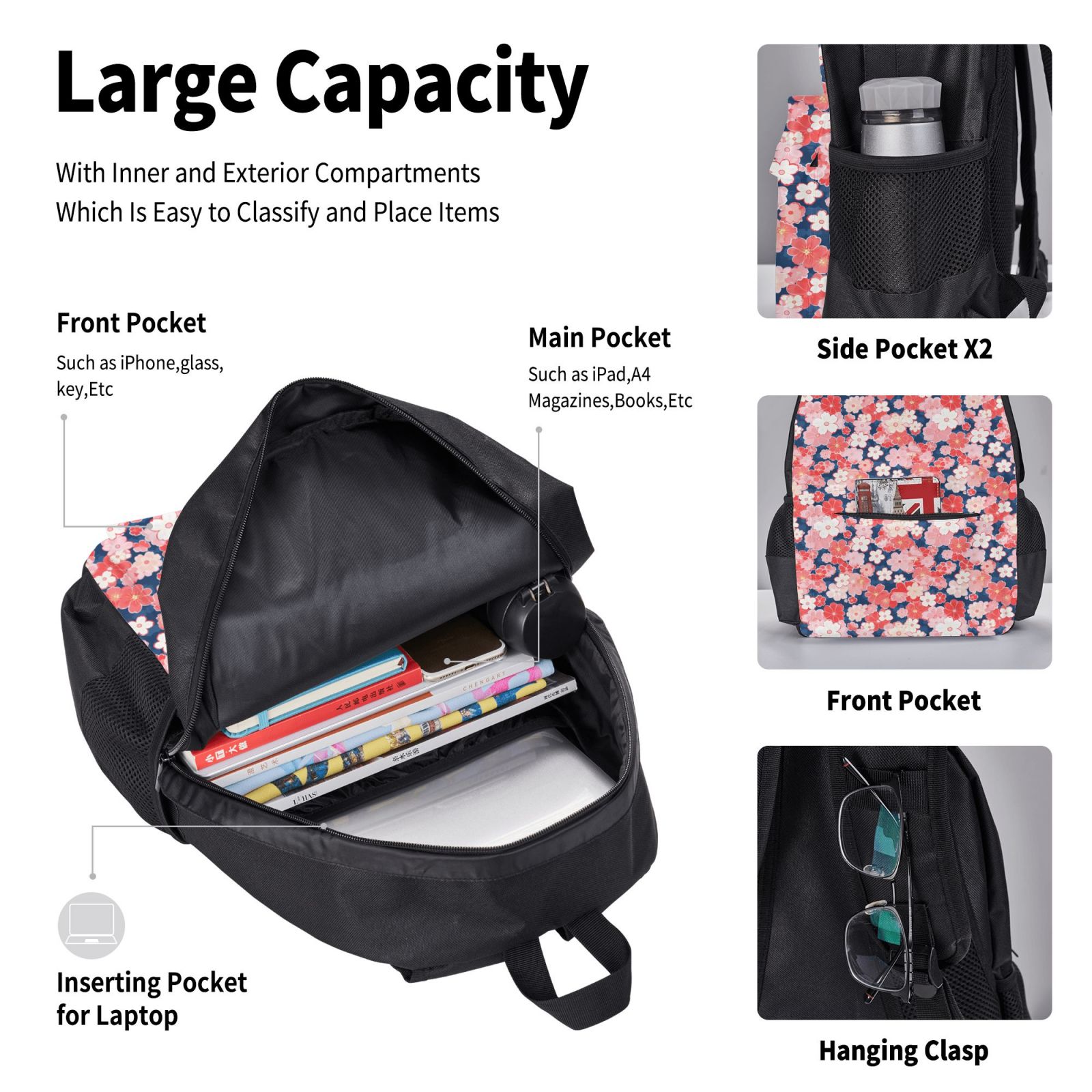 Naloa Japanese Cherry Blossoms Print Large Capacity Backpack Lunch Bag Pencil Case Combination 3 Piece Set for Student