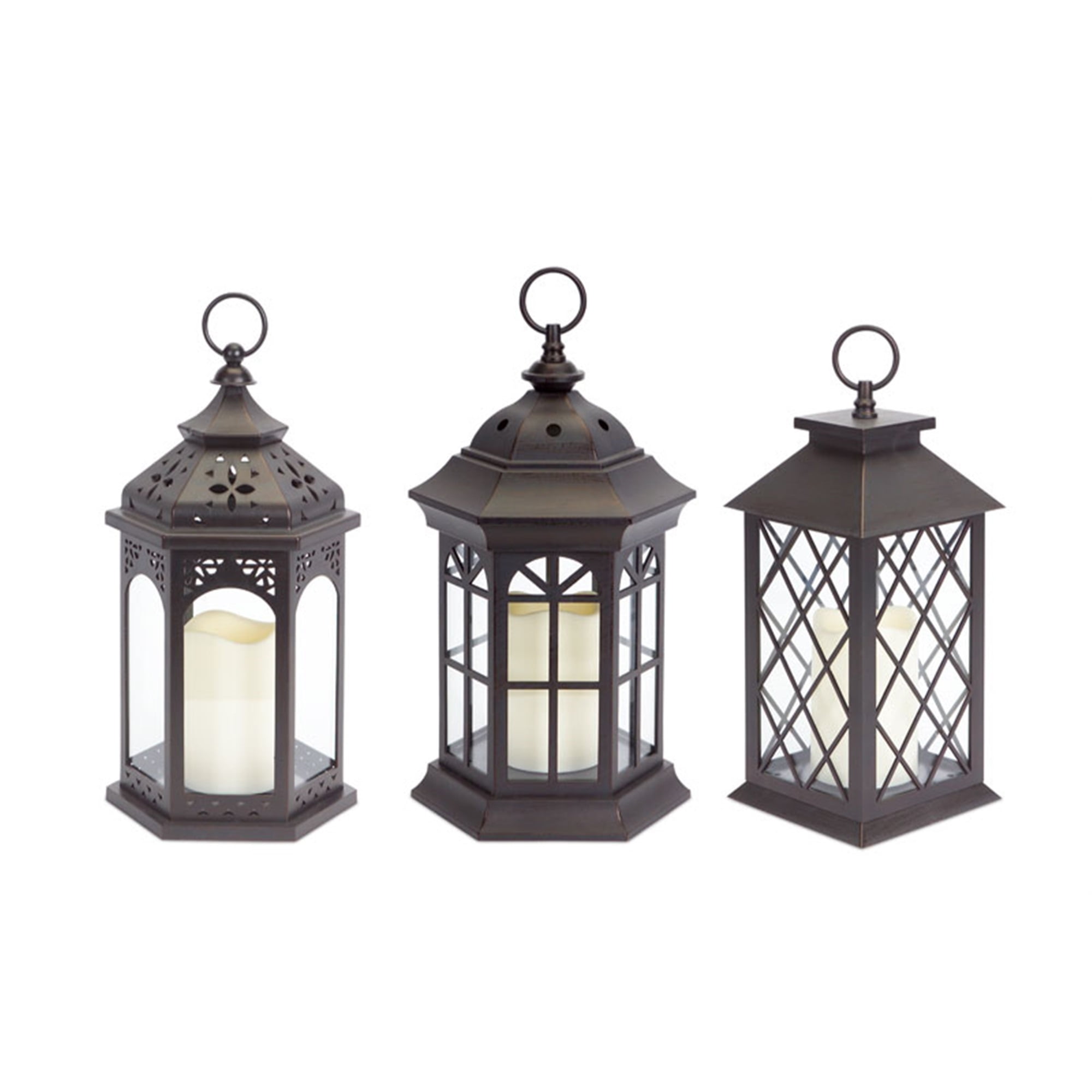 Lanterns w/LED Candle (Set of 3) w/6 Hour Timer 13"H Plastic/Glass