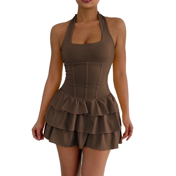 Kvture Women's Mini Dress Ruffle Short Party Wear Goinng Out Night Club Outfits Summer Dresses for Women Coffee