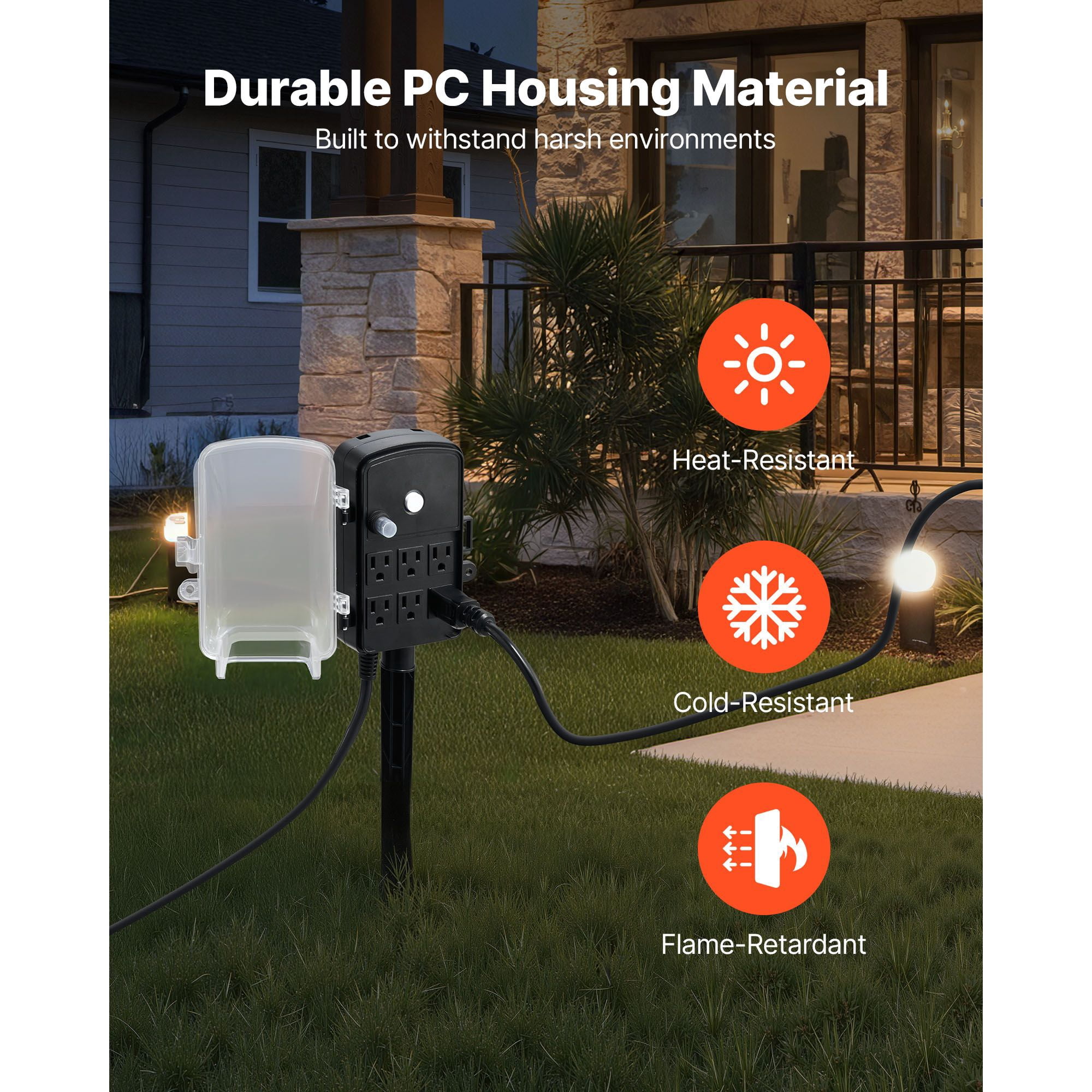 Outdoor Power Stake 6 Outlets, 15ft Extension Cord 14AWG/3C, 15A/1875W Capacity, Weather-Resistant PC Housing, Stake or Wall Mount for Patio Garden Holiday Decor