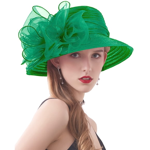 RZTA Sombrero de vestir de iglesia Kentucky Derby para mujer, ala ancha, flor de hoja, sombrero de despedida de soltera
