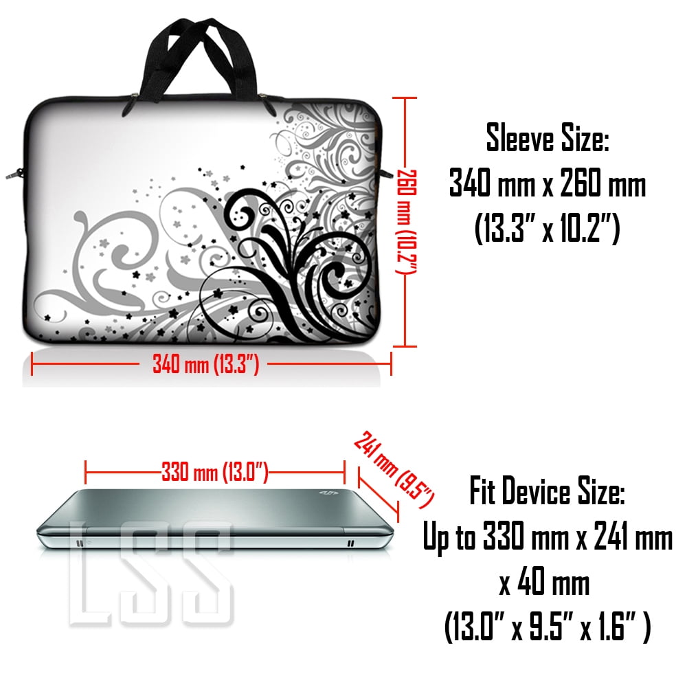 LSS 12-13.3 inch Laptop Sleeve Bag Compatible with Acer, Dell, HP, Sony, MacBook, Carrying Case w/ Handle & Adjustable Strap - Grey Swirl Black & White Floral