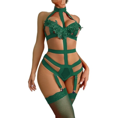 Yuhangmm Women Sexy Lace Mesh Floral Embroidery Chain Linked Garter Teddy Bodysuit With Leg Ring Women Lingerie Underwear Your Side of The Bed Lingerie
