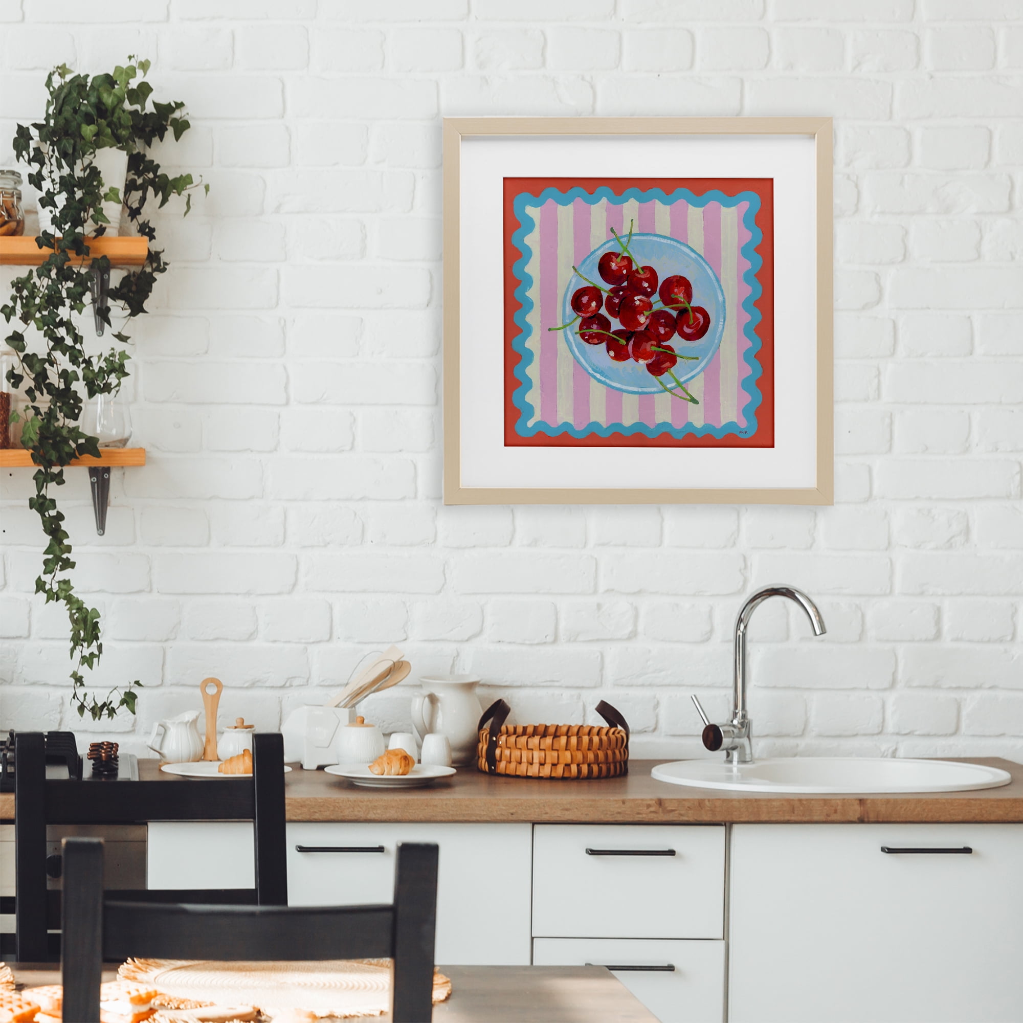 Stupell Industries Red Cherries over Pink Stripes Birch Framed Print Under Glass, design by Rachael Reese