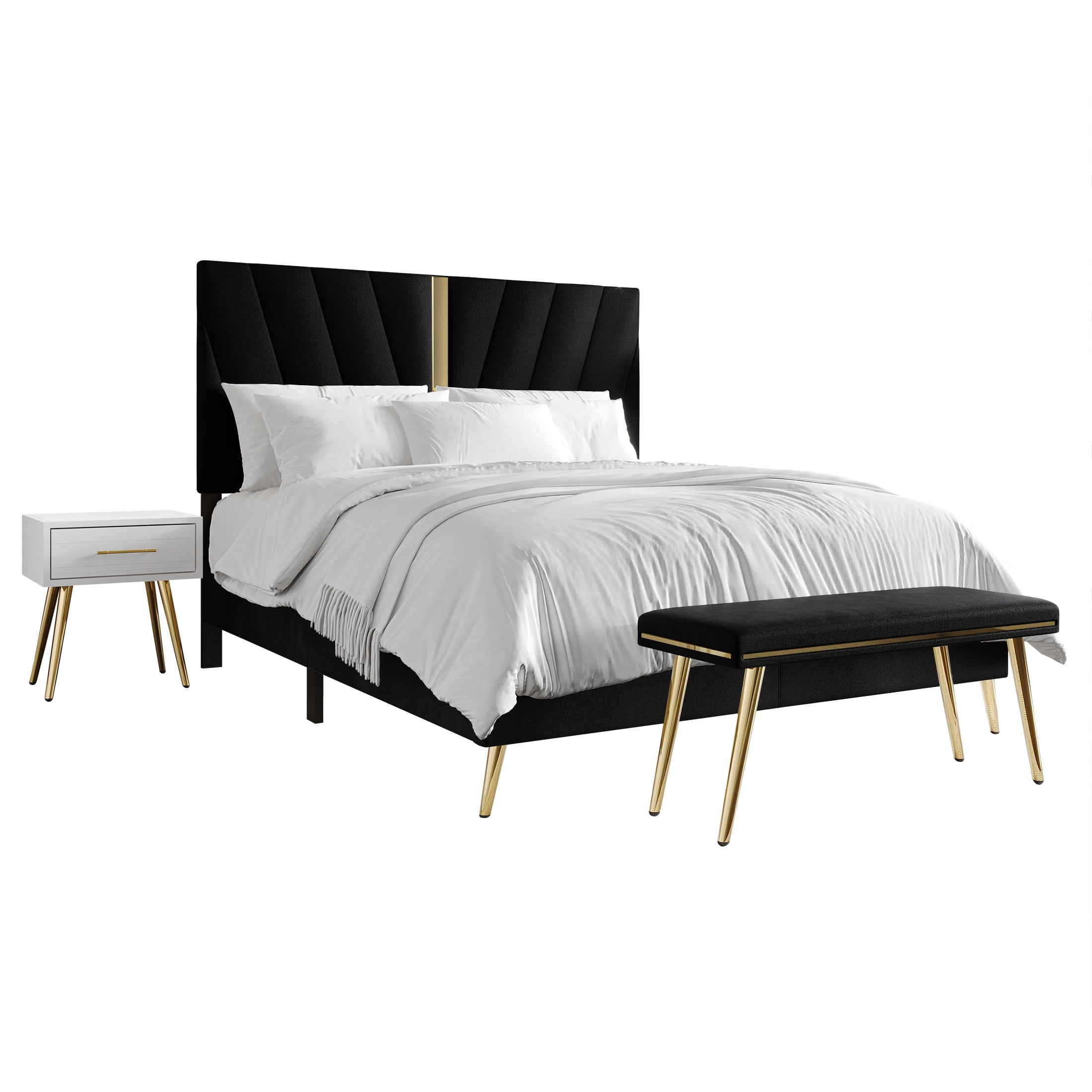 Castle Place Contemporary Velvet Queen Upholstered Bed with 2 Nightstand and Bench, Black