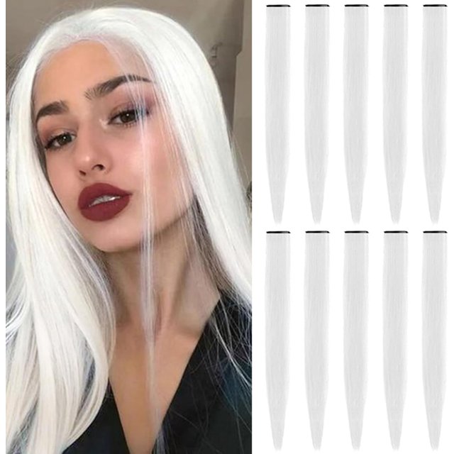 LAICAIW Extensions de Cheveux Colorées de 22 Pouces, Mèches de Fête Multicolores à Clipser, Extensions de Cheveux Synthétiques (10 Pcs-Blanc)