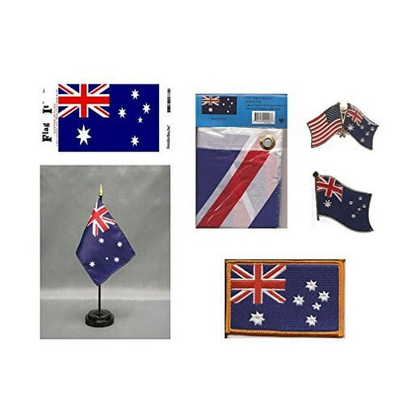 Australia Heritage Flag Pack - Includes a Australian 3x5' Flag, Vinyl Flag Decal, One Single & One Double Friendship Flag Lapel Pin, Miniature Desk Flag with Stand & One Iron-On Flag Patch