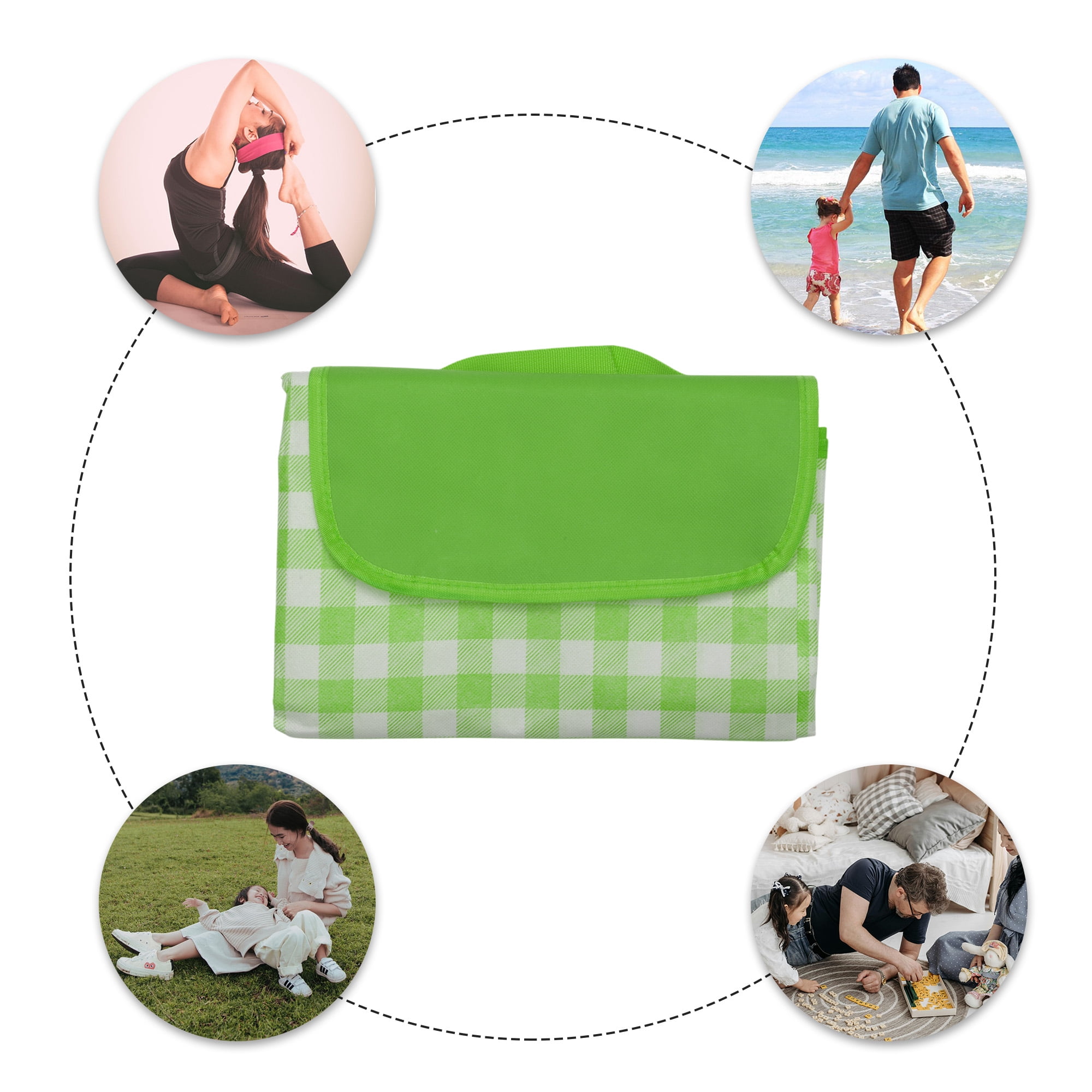 Unique Bargains Picnic Blanket Beach Mat Lightweight with Handle Green White 200x200cm