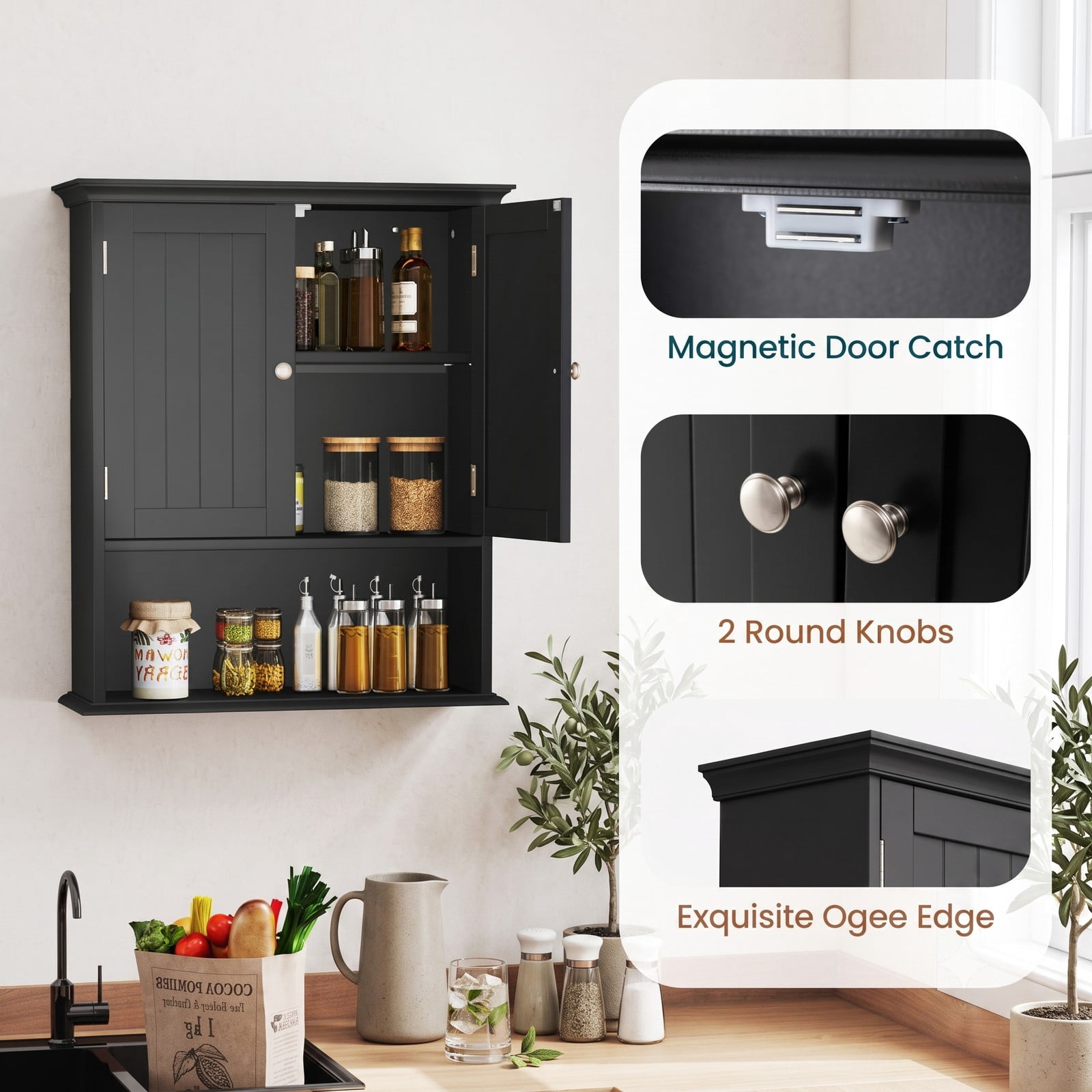ALPULON Wall Mount Bathroom Cabinet, Wall-Mounted Storage Organizer with 2 Doors and Adjustable Shelves, Space-Saving Cabinet for Bathroom Kitchen Bedroom, Black