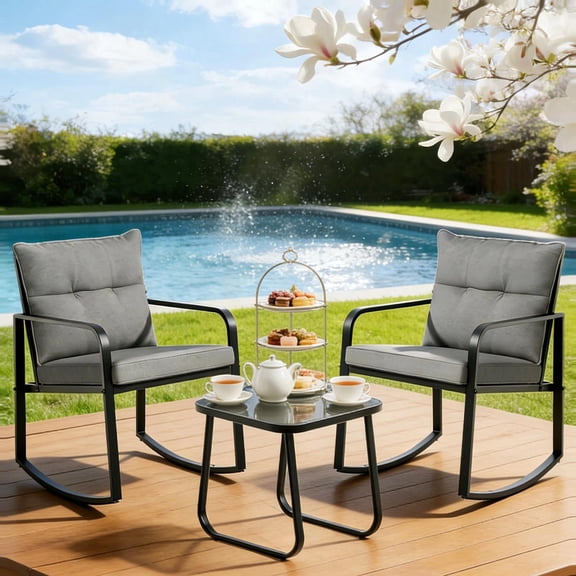3 Pieces Rocking Patio Bistro Set,Lofka Outdoor Furniture with 2 Sponge Rocking Chairs and 1 Steel Coffee Table for Garden,Lawn,Room,Corridor