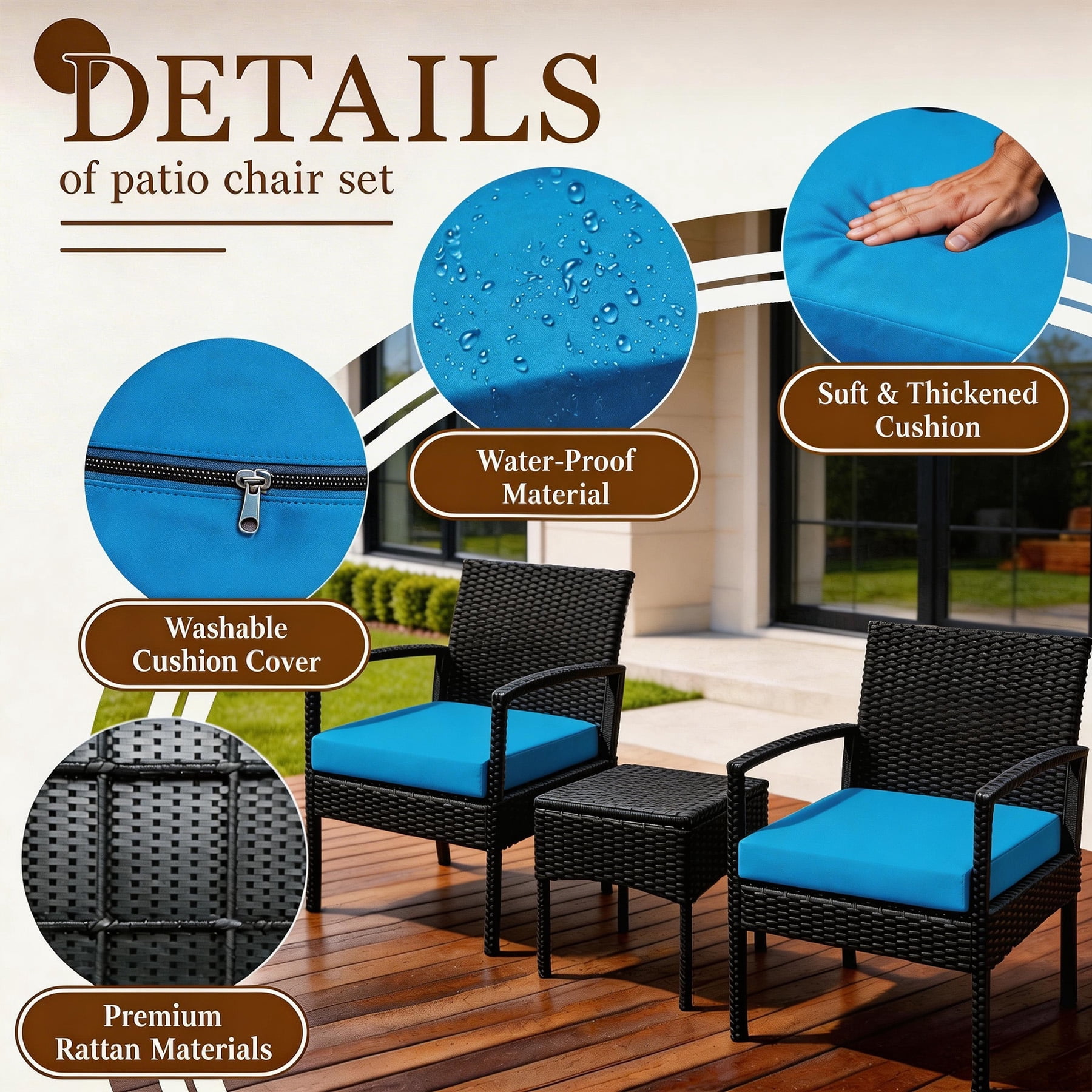 Tappio 3 Pieces Patio Conversation Set Outdoor Furniture Set, Patio Bistro Set All-weather Wicker Chairs and Table with Cushions, Blue