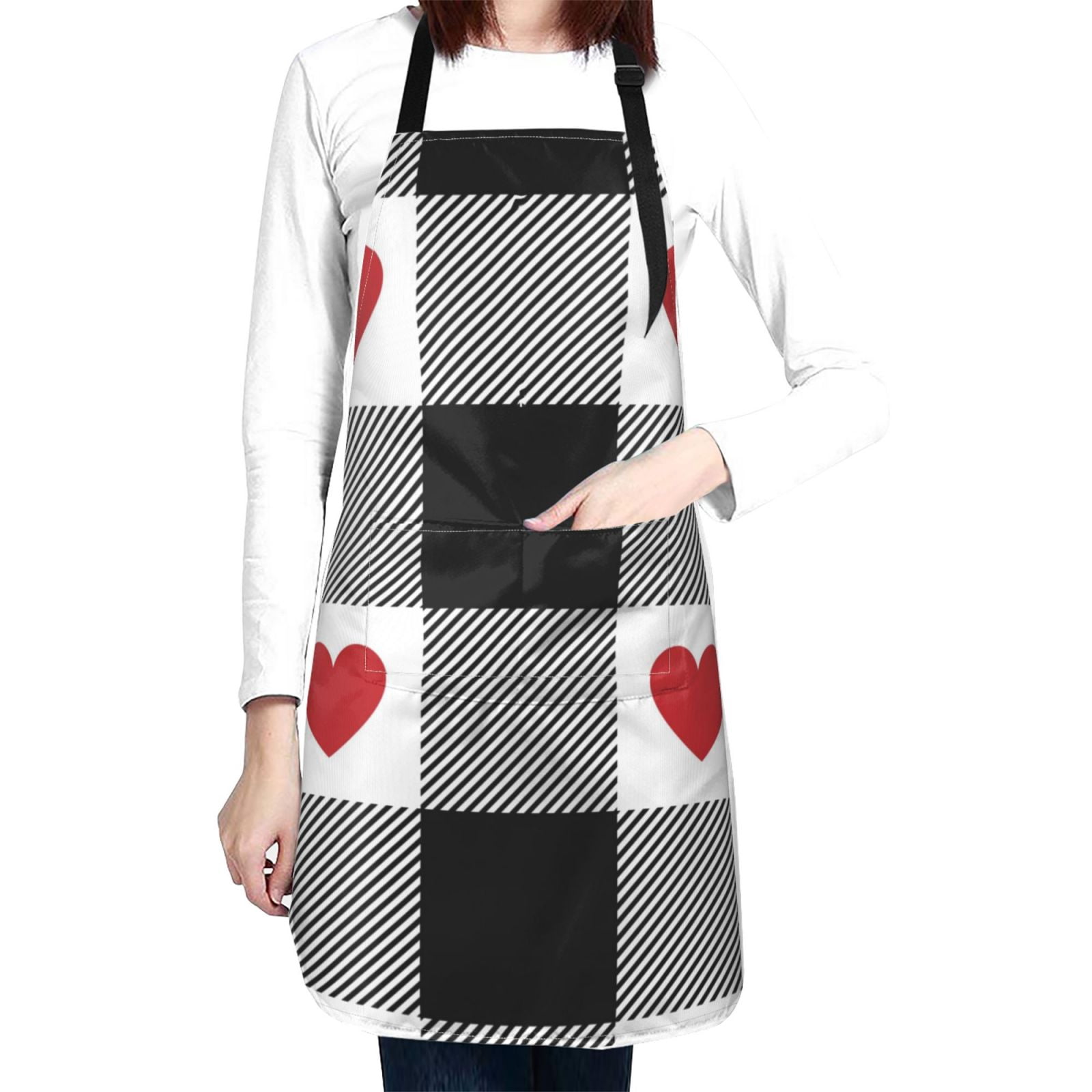 Kdxio Heart Black Buffalo Plaid Gingham Apron with Pockets Adjustable Kitchen Aprons for Men Women Waterproof Aprons for Cooking,Drawing,Crafting, Baking Household Cleaning
