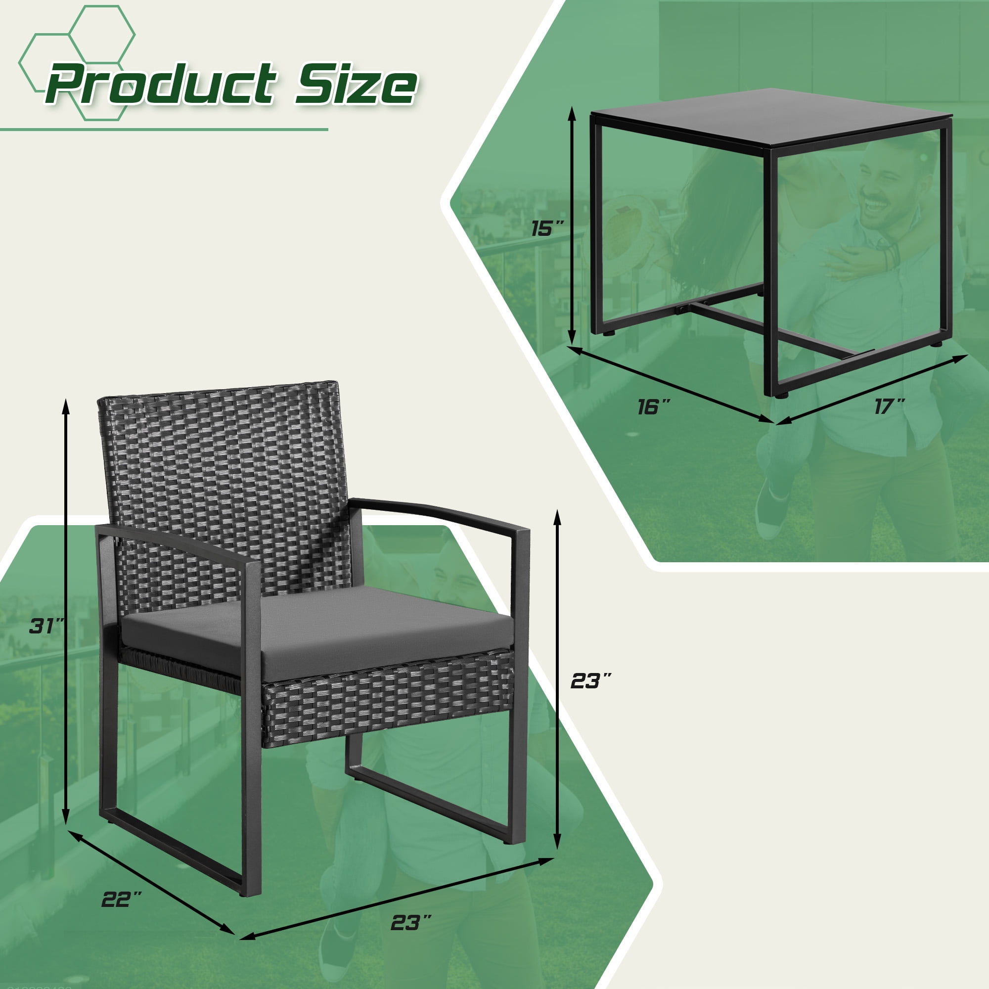Homall 3-Piece Casual Bistro Set with Wicker Chairs and Coffee Table for Patio Furniture, Grey