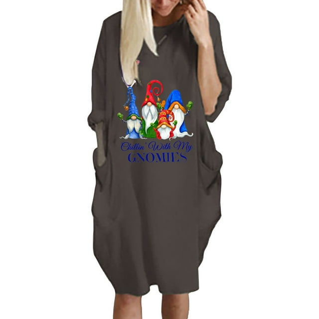 LSLJS The Fashion Women's Winter Plus Size Loose Pocket Christmas Printed Dress