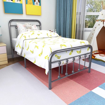 12 Inch Twin Size Bed Frame Mattress Foundation Box Spring Replacement with Headboard Heavy Duty Metal Slat Support Ultra-Large Under Bed Storage, Black silver