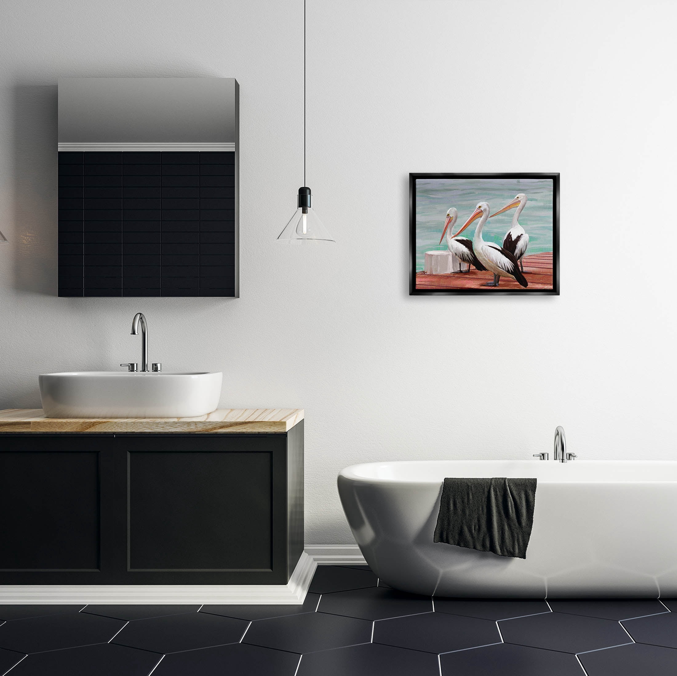 Stupell Industries Pelican Trio Port Dock Graphic Art Jet Black Floating Framed Canvas Print Wall Art, Design by Ziwei Li