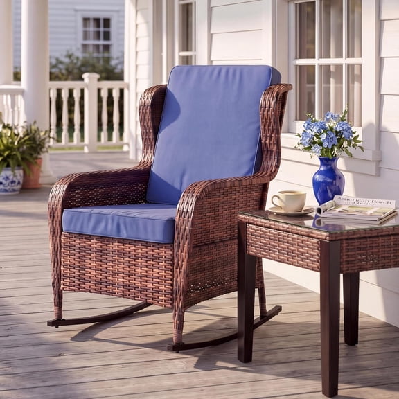 Outdoor Wicker Rocking Chair with Cushions, All-Weather Patio Rocker, High Back Rattan Chair for Garden Porch Backyard