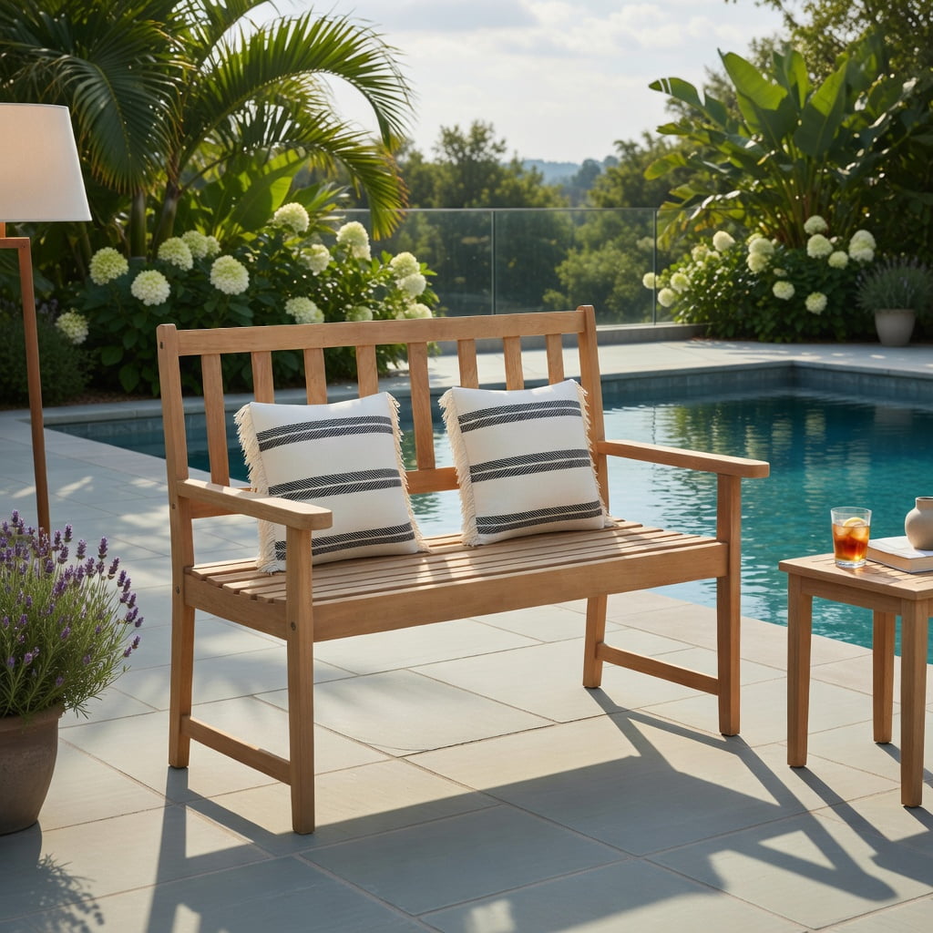Hommoo Indonesia Teak Wood Outdoor Garden Bench for 2, Rustic Patio & Backyard Seating with Backrest, Armrests & Slatted Design, Natural