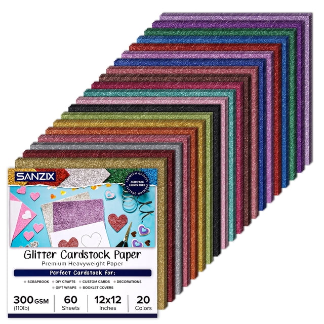 Cartulina Sanzix 30 x 30 cm, 300 g/m², con purpurina, 60 hojas, 20 colores
