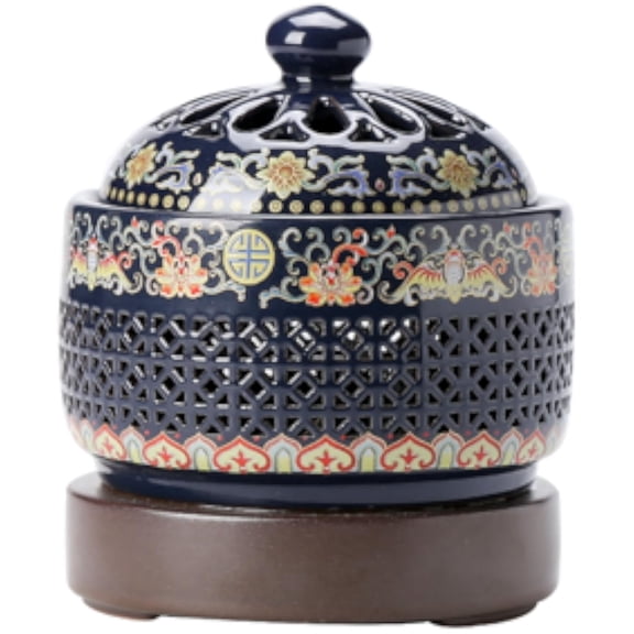 Ceramic Electric Incense Burner with LED Flame Effect, Enamel Hollow Design Classical Elegant Incense Holder for Home Decor, Yoga & SPA