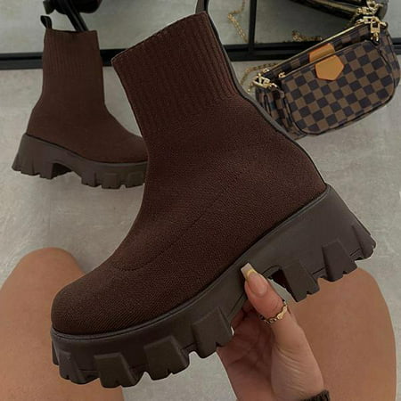 

Women s Elastic Platform Ankle Boots Mid Calf Cleated Chunky Platform High Ankle Non-Slip Fashion Knitted Boots for Daily Wear