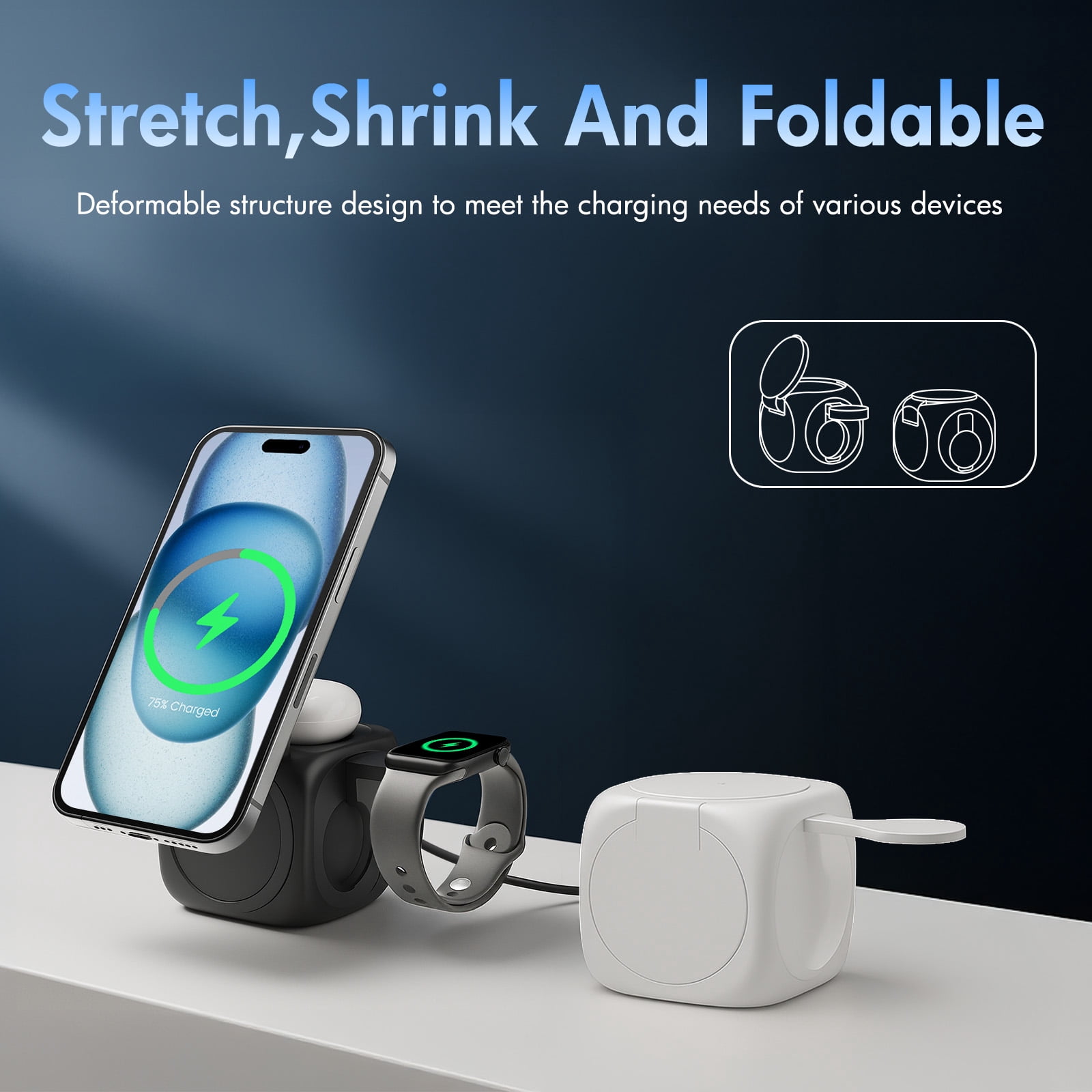 Charging station for iPhone Airpods iWatch,3 in 1 wireless charger, Portable and foldable Charging cube Compatible with Apple 12 and above series