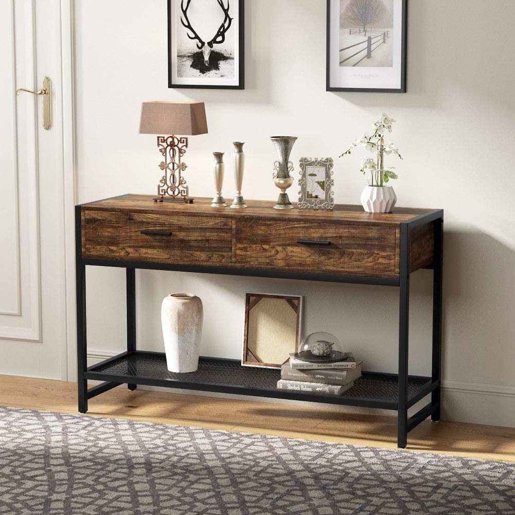 Rustic Sofa Console Table with 2 Drawers, 47 inch