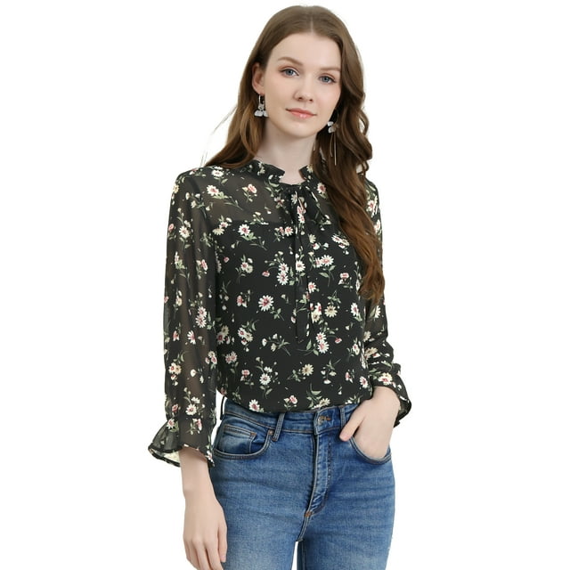 INSPIRE CHIC Haut de Loisirs à Manches Longues pour Femmes avec Col à Nouer, Col à Volants et Imprimé Floral