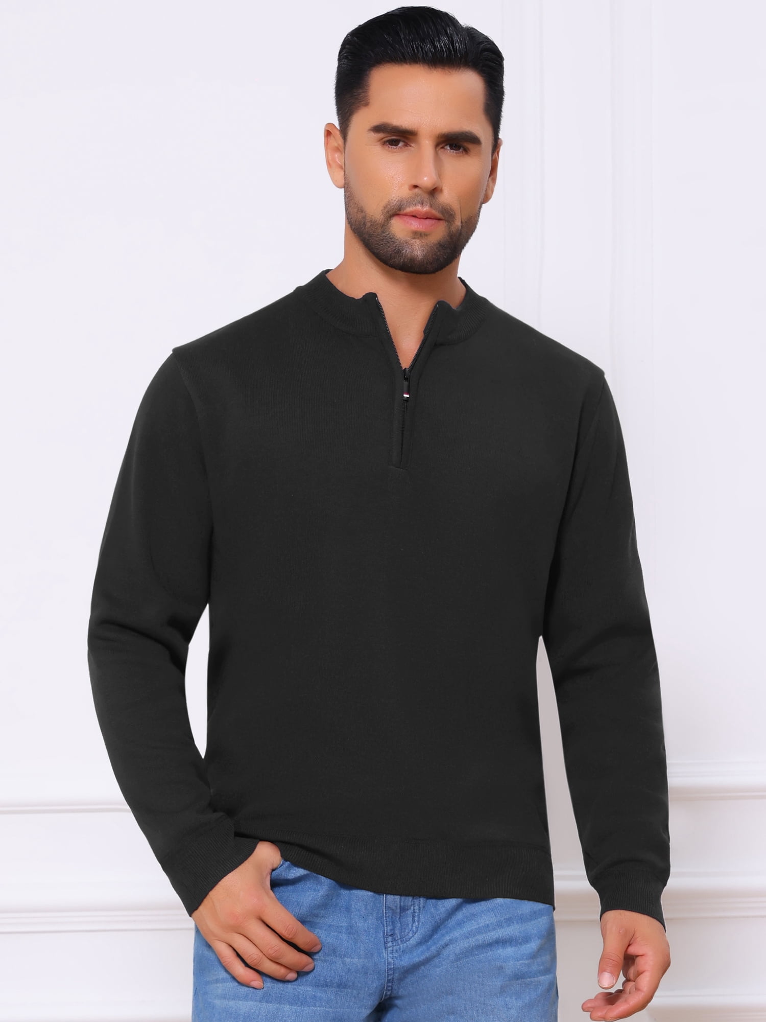 DARING DIVA Men's Mock Neck Pullover Quarter Zip Knitted Polo Sweater M Black