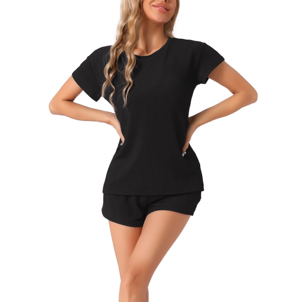 INSPIRAR CHIC Pijamas de Mujer con Mangas Cortas y Pantalones Cortos de Cintura Elástica Conjunto de Ropa de Casa 2XL Negro